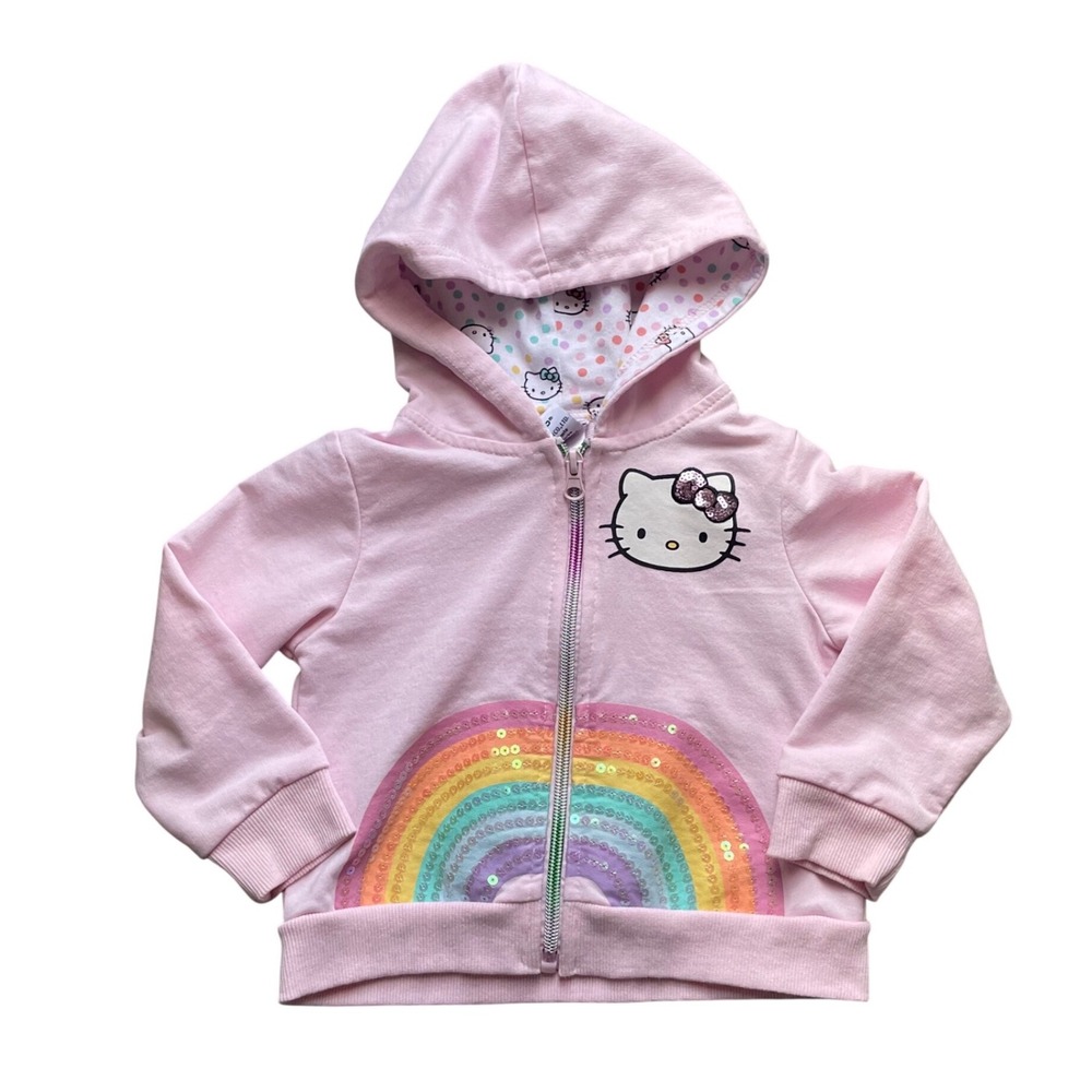 Hello Kitty Pink Zip Up Hoodie with Sequin Rainbow, 2T